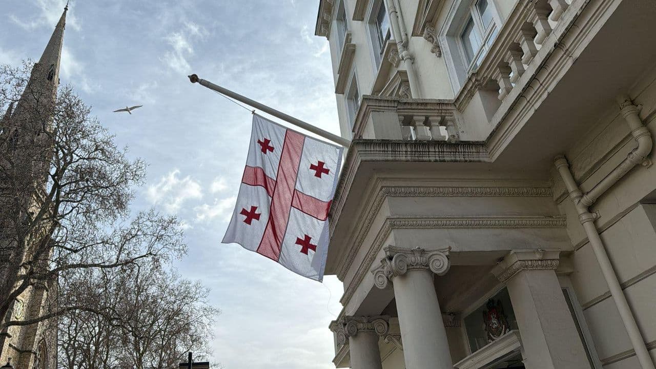 The National Flag of Georgia is flying at half-mast at the premises of the Embassy of Georgia in London